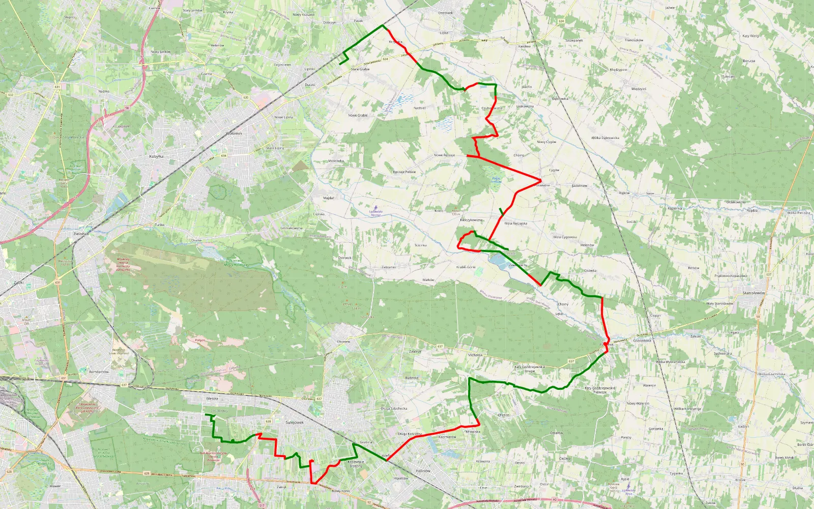 Mapa trasy Wesoła-Centrum - Stare Grabie - 58.1 km trasy offroad, Powiat Miński
