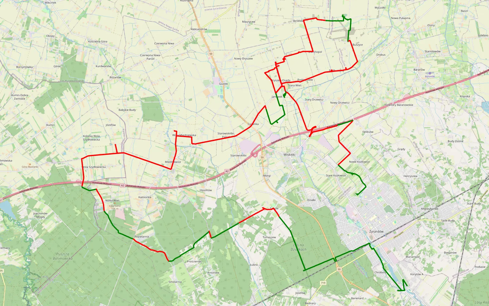 Map of Korytów A - Nowe Kozłowice - 66.1 km offroad trail, Żyrardów County