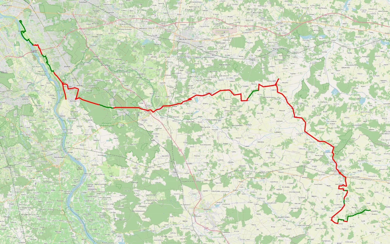 Mapa trasy Las - Stoczek Łukowski - 125.7 km trasy offroad, Powiat Otwocki