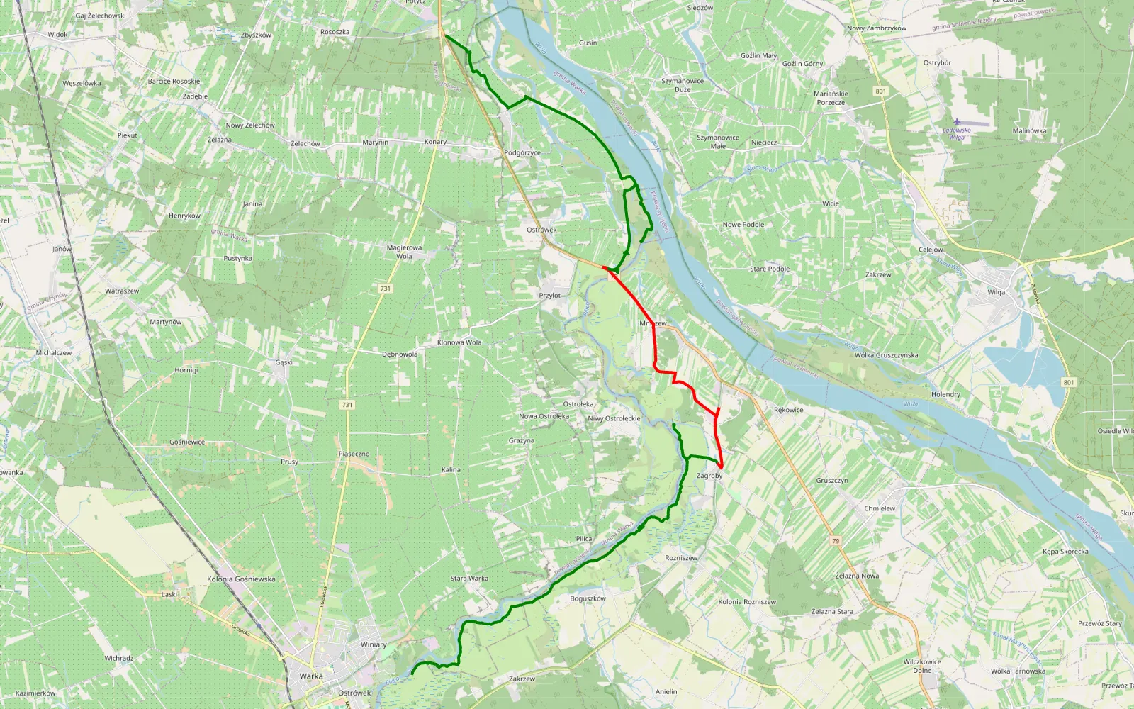 Mapa trasy Winiary - Potycz - 26.5 km trasy offroad, Powiat Grójecki