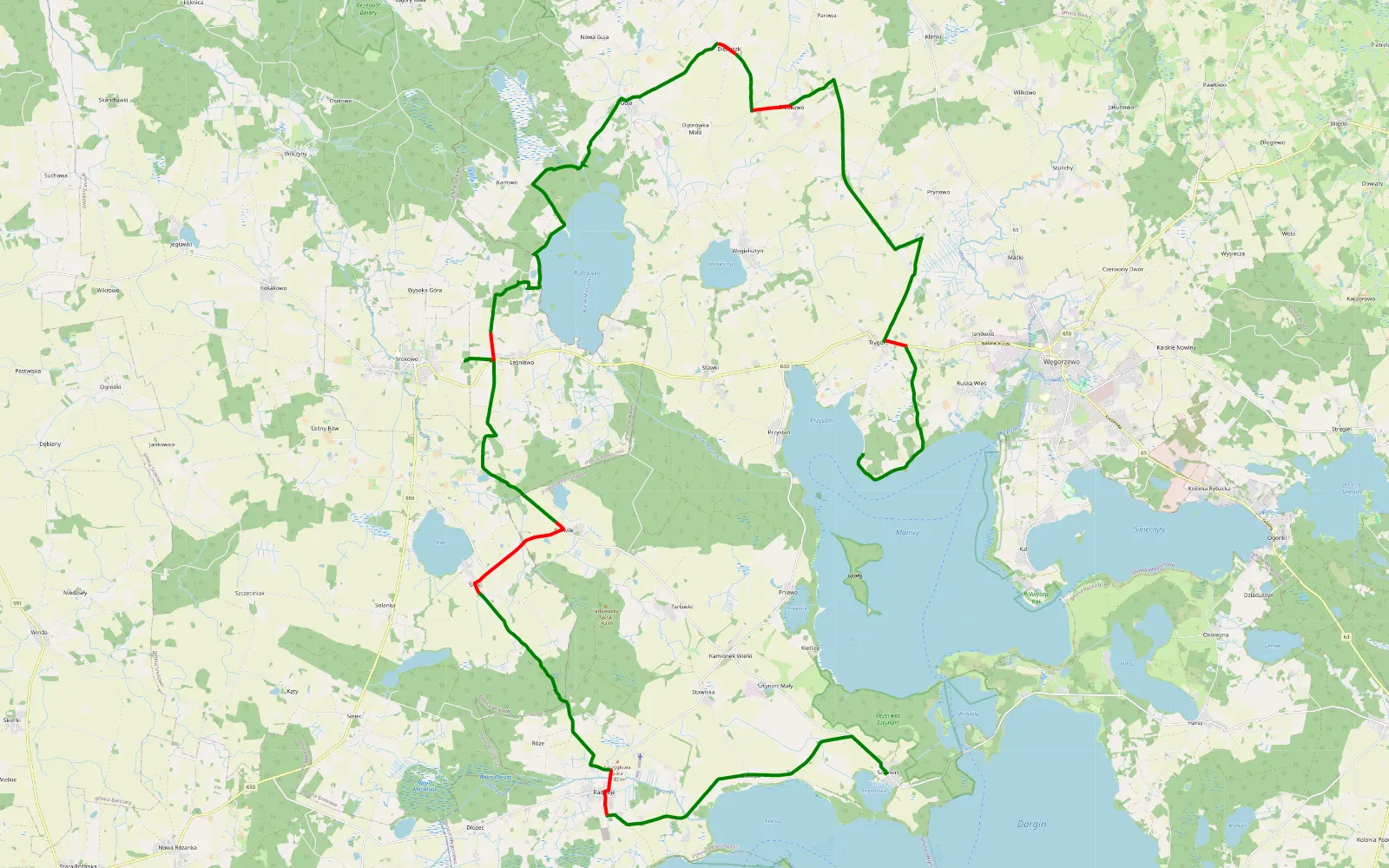 Mapa trasy Sztynort - Przystań - 45.9 km trasy offroad, Powiat Węgorzewski