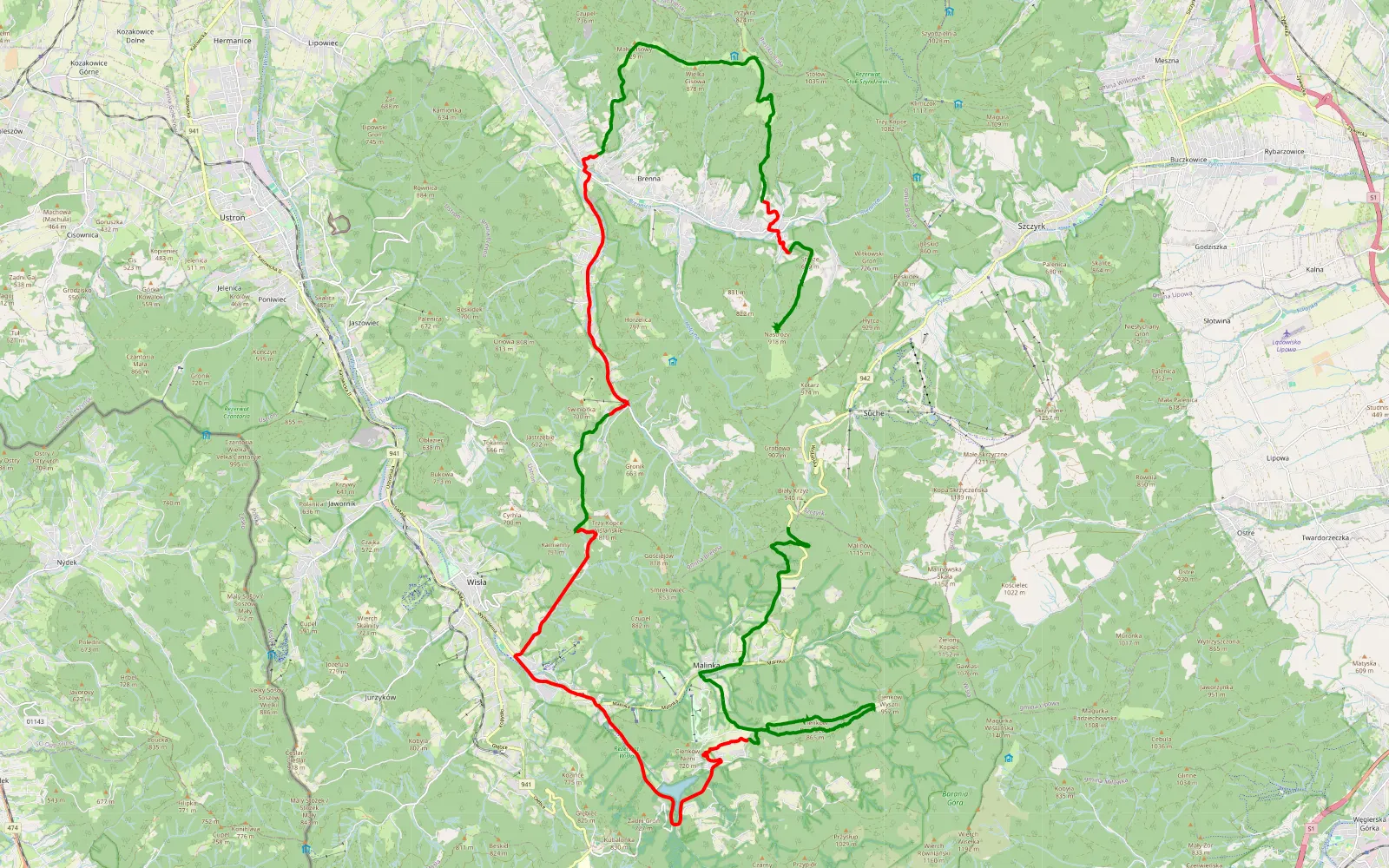 Map of Malinka - Salmopol - 41.4 km offroad trail, Cieszyn County