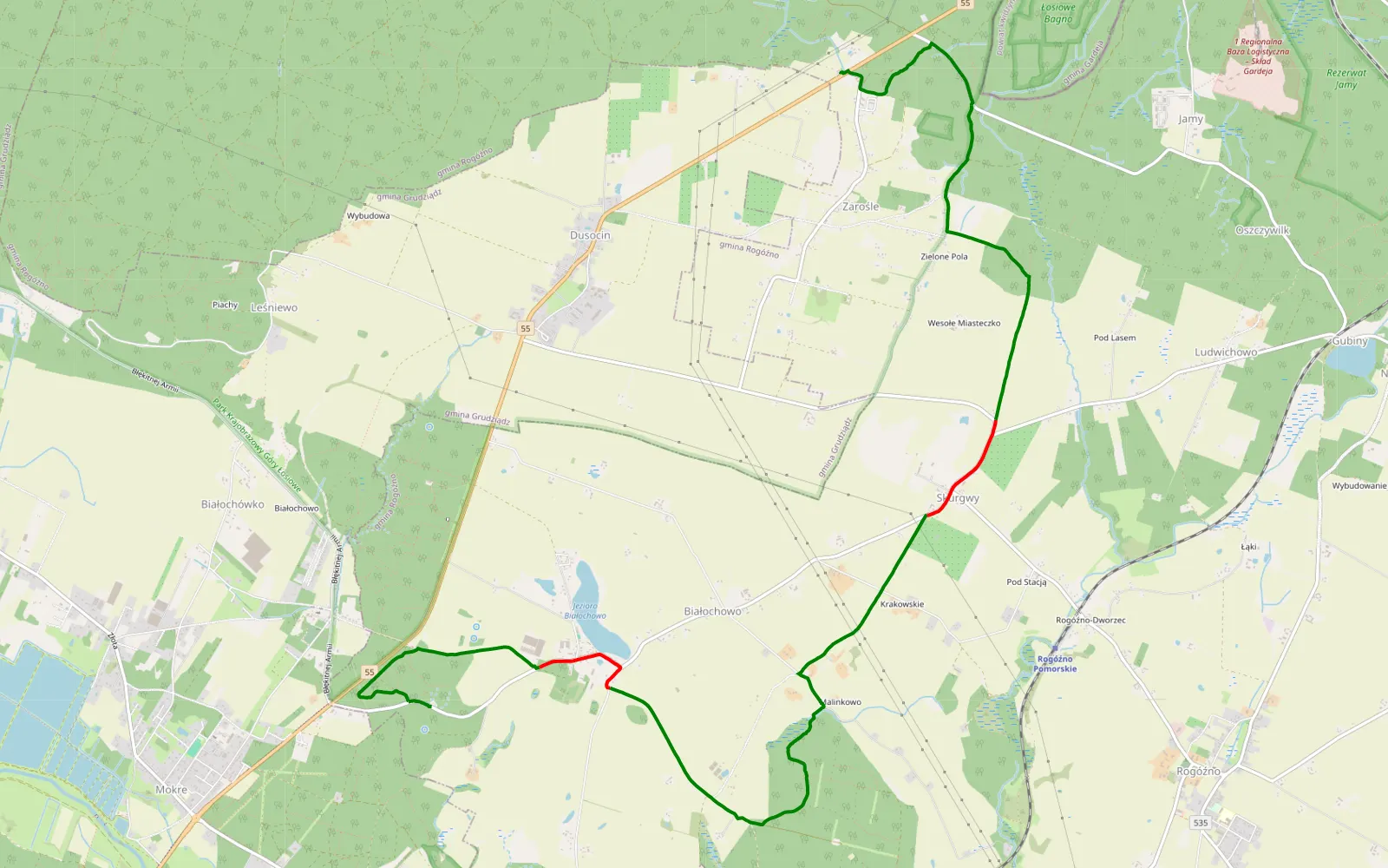 Map of Białochowo - Zarośle - 10.5 km offroad trail, Grudziądz County