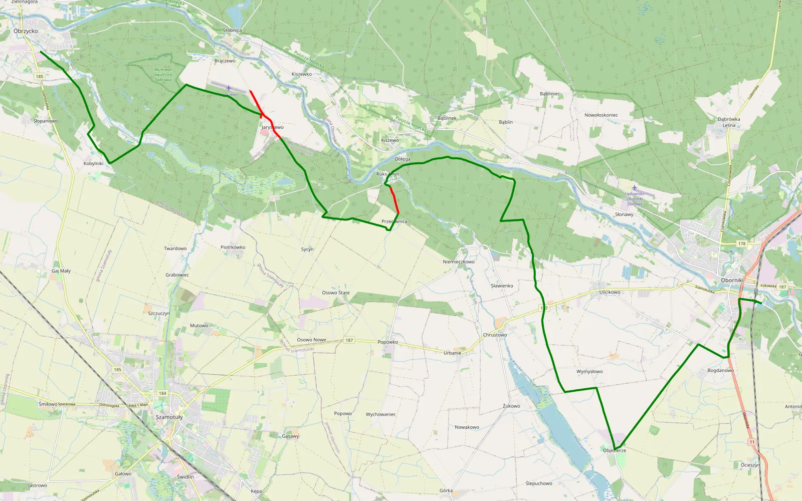 Map of Oborniki - Obrzycko - 27.2 km offroad trail, Oborniki County