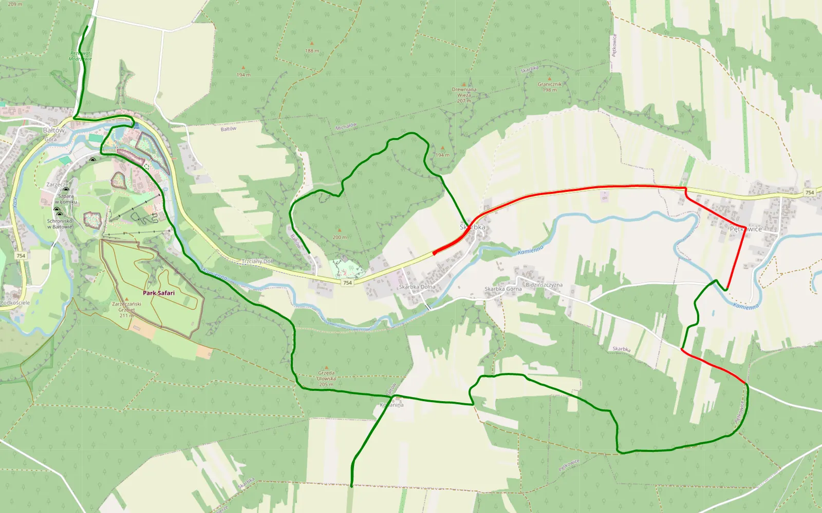 Mapa trasy Bałtów - Ponik - 11.7 km trasy offroad, Powiat Ostrowiecki