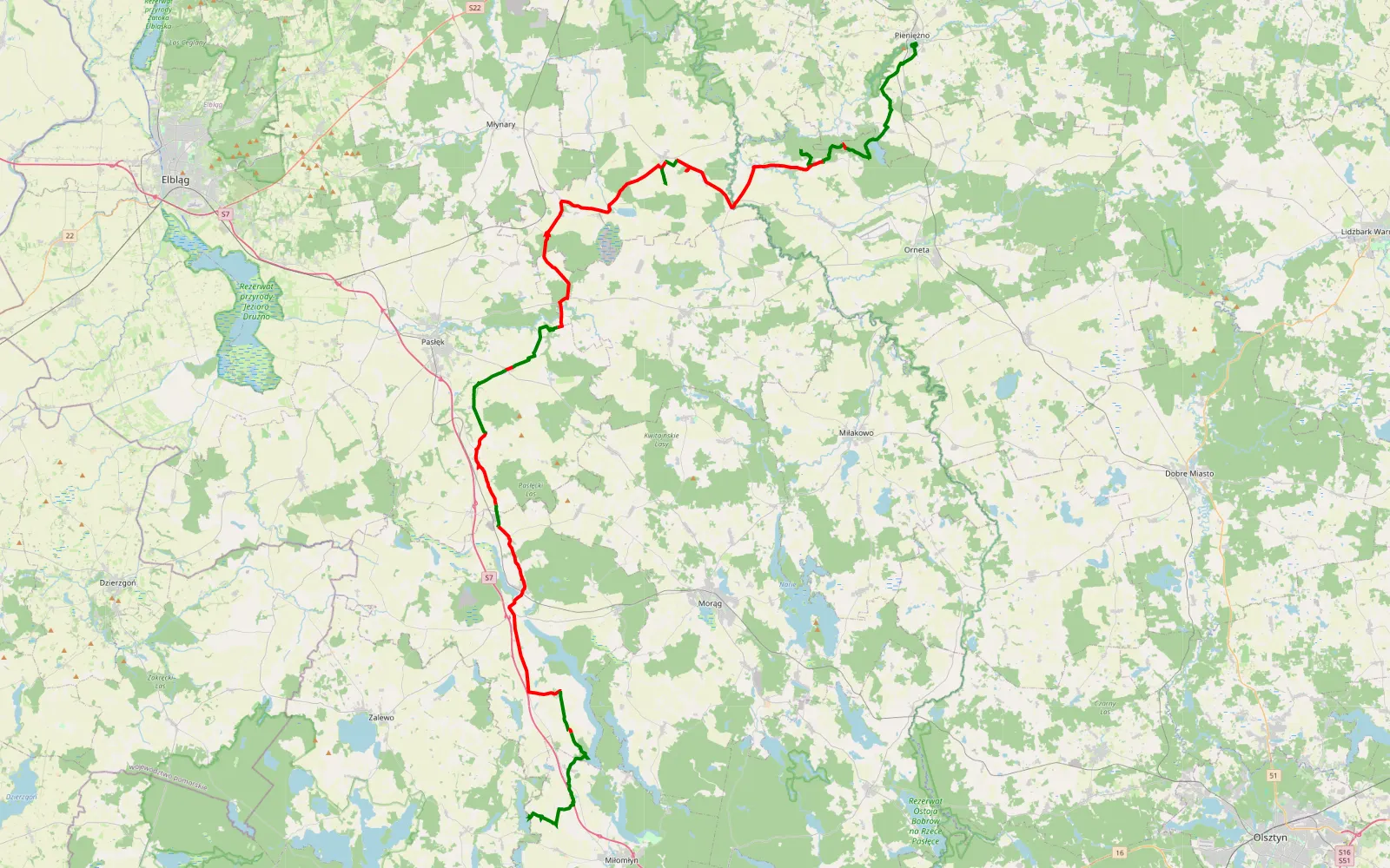Mapa trasy Pieniężno - Majdany Wielkie - 90.7 km trasy offroad, Powiat Braniewski