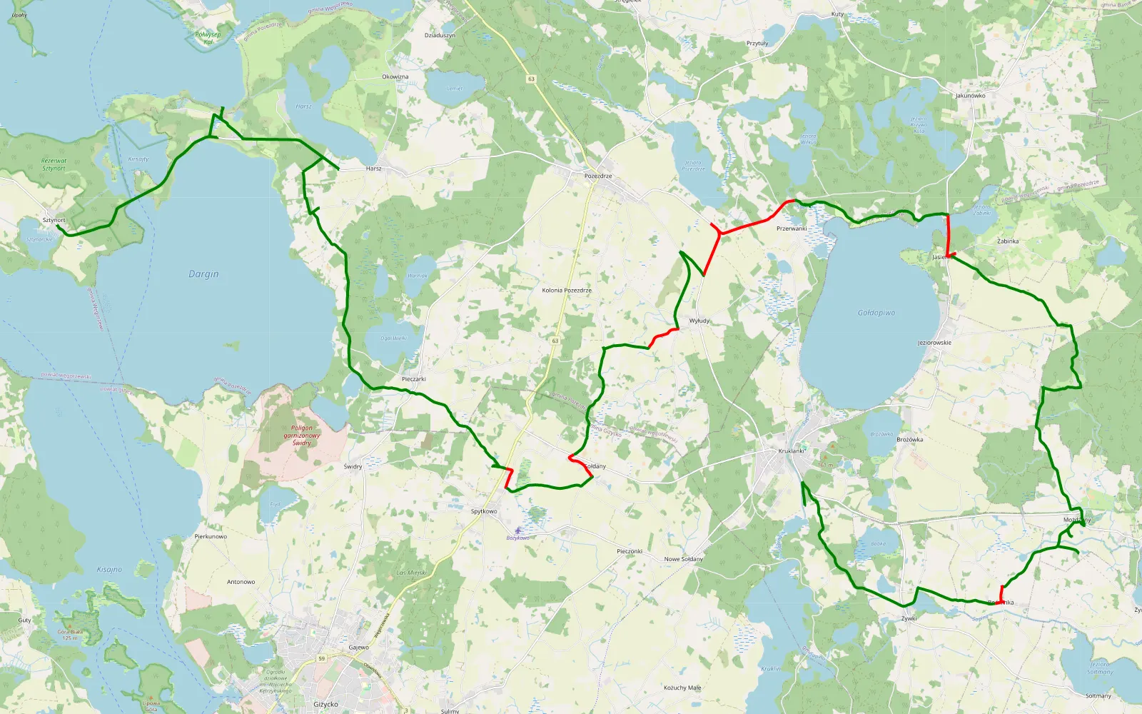 Mapa trasy Sztynort - Kruklanki - 45.1 km trasy offroad, Powiat Giżycki