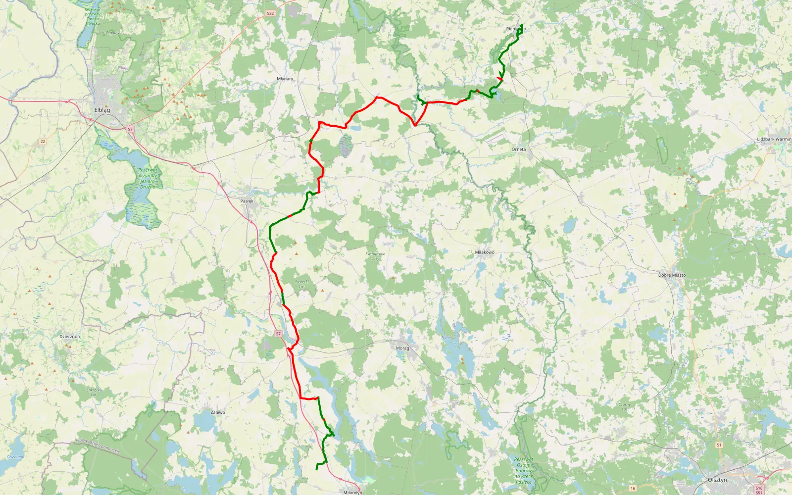 Mapa trasy Majdany Wielkie - Pieniężno - 90.6 km trasy offroad, Powiat Braniewski