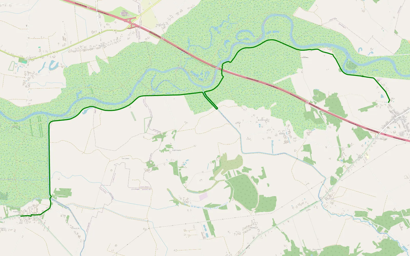 Mapa trasy Osiecza Pierwsza - Kopojno - 11.3 km trasy offroad, Powiat Koniński