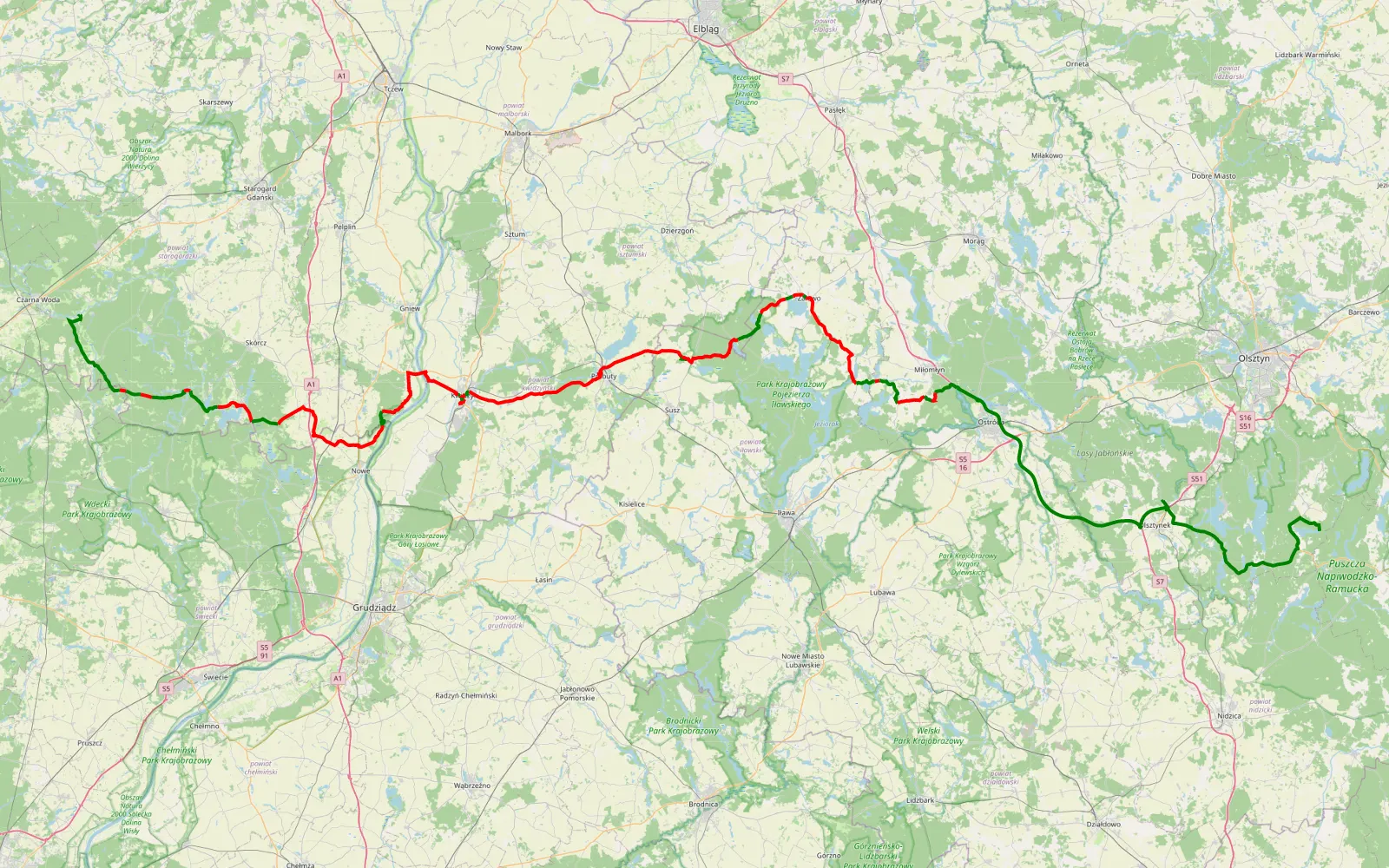 Mapa trasy Zimne Zdroje - Zgniłocha - 159.9 km trasy offroad, Powiat Iławski