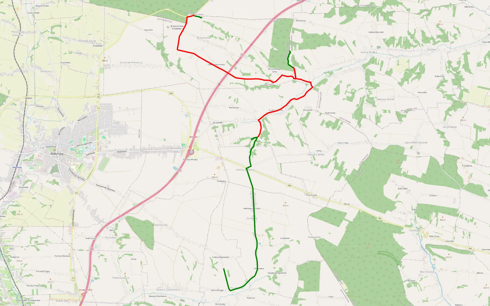 Map of Pojałowice - Brzuchania - 11.1 km offroad trail, Powiat Miechowski
