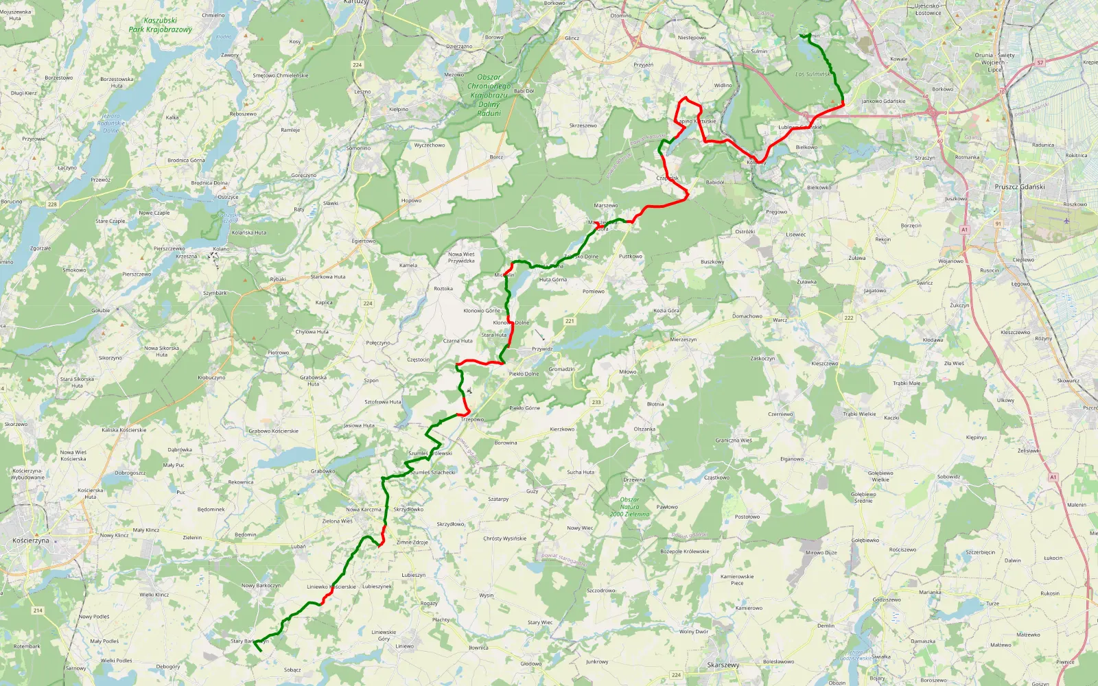 Map of Otomin - Barkoczyn - 57.4 km offroad trail, Gdańsk County