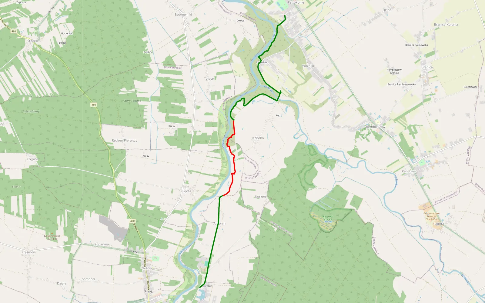 Mapa trasy Strumiany - Pstrokonie - 8.4 km trasy offroad, Powiat Zduńskowolski