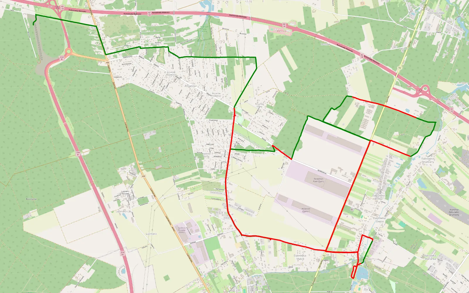 Mapa trasy Dąbrówka Wielka - Emilia - 16.7 km trasy offroad, Powiat Zgierski