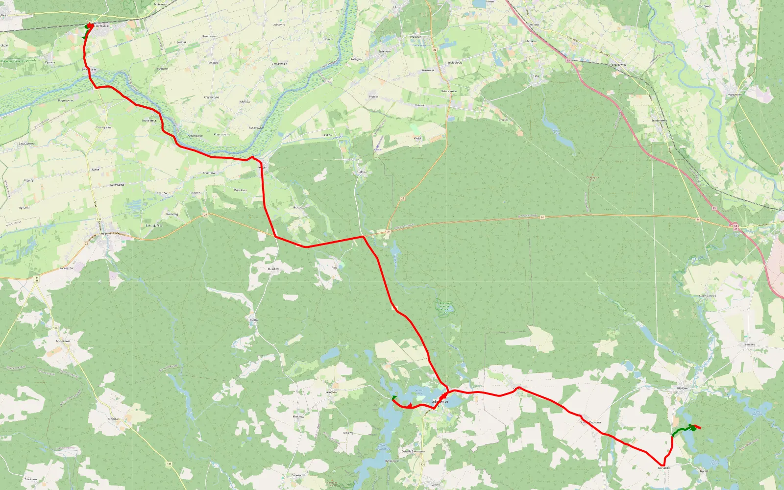 Mapa trasy Gostkowice - Bledzew - 59.5 km trasy offroad, Powiat Sulęciński
