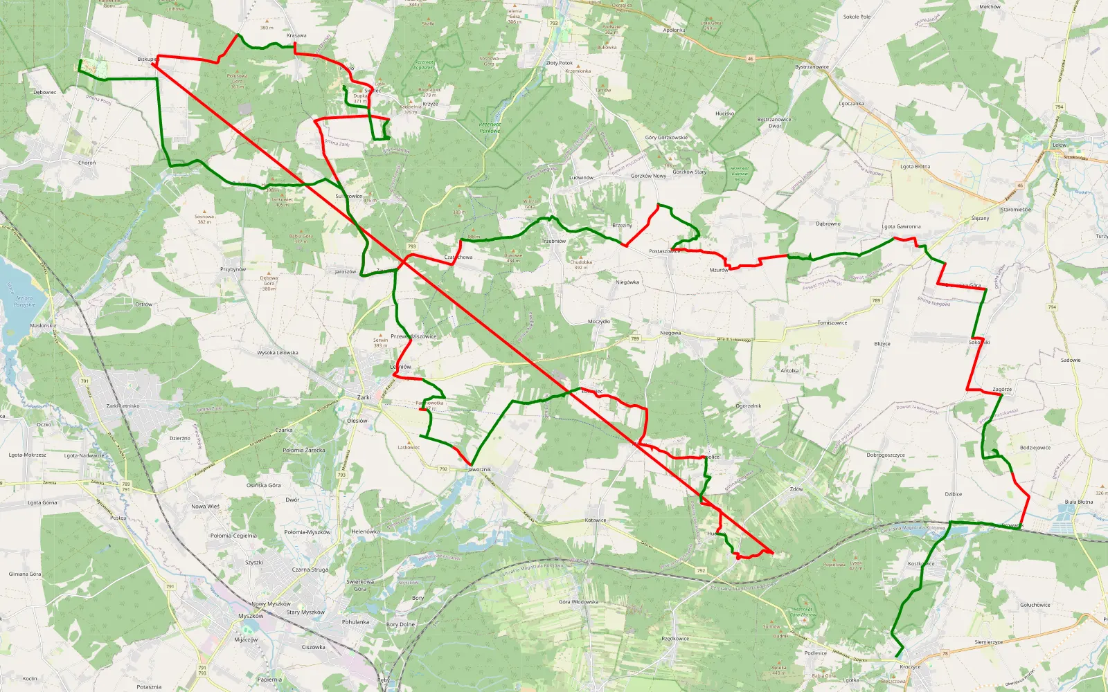 Mapa trasy Kroczyce - Zielona - 95.1 km trasy offroad, Powiat Myszkowski