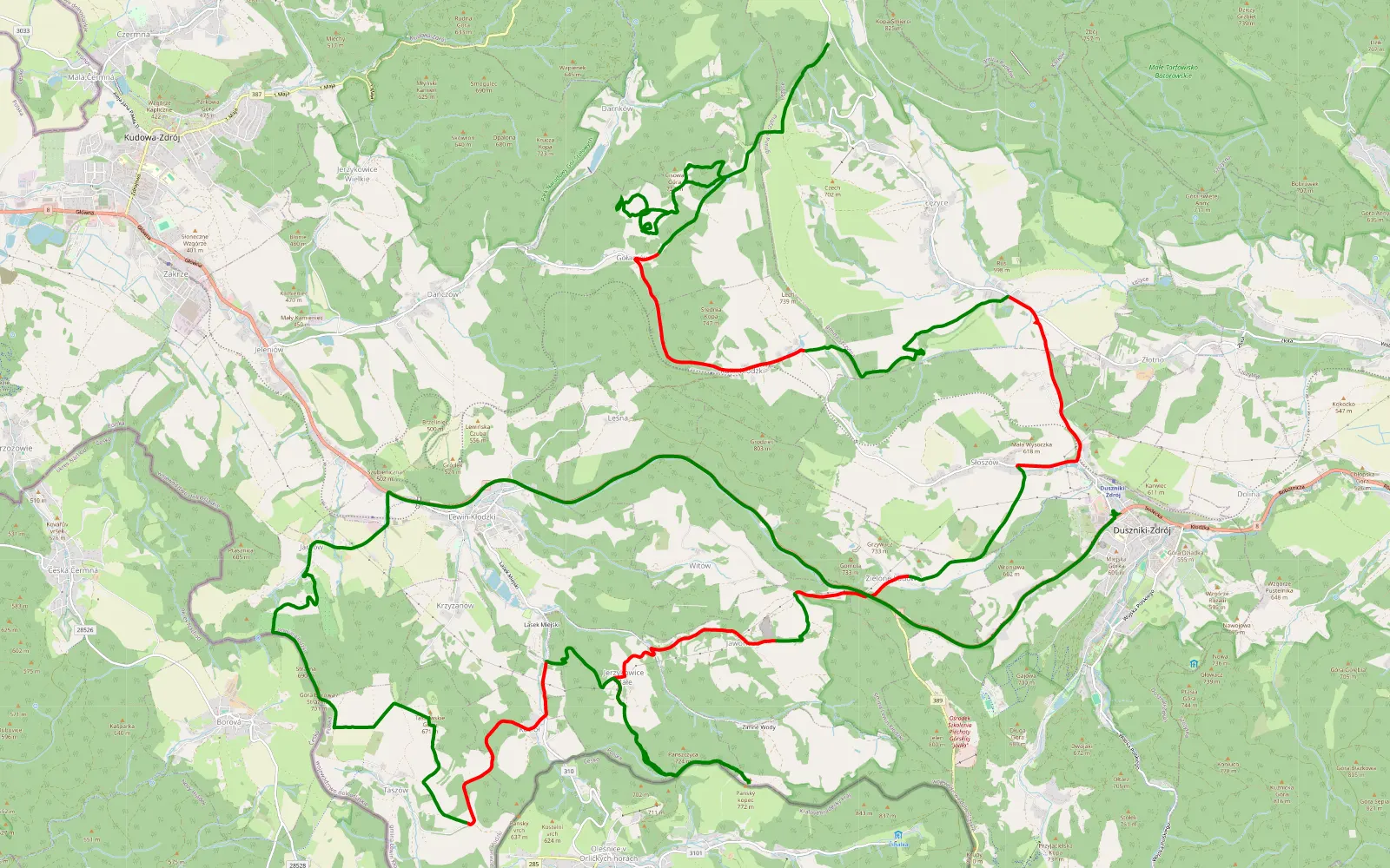 Mapa trasy Łężno - Duszniki-Zdrój - 36.5 km trasy offroad, Powiat Kłodzki