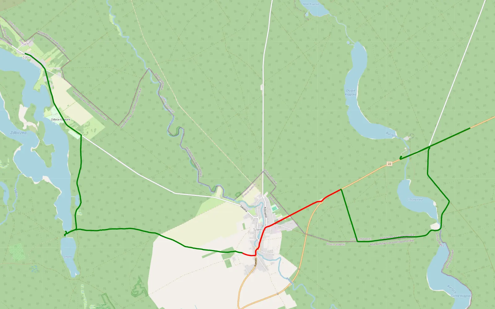 Map of Budy - Zdbice - 14.1 km offroad trail, Wałcz County