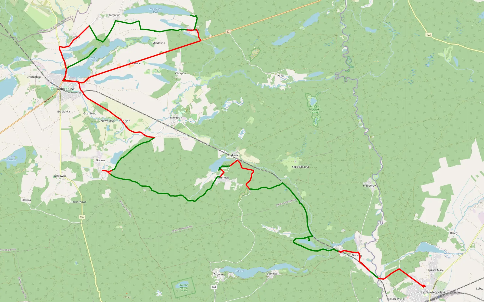 Mapa trasy Dobiegniew - Drawiny - 66.1 km trasy offroad, Powiat Strzelecko-drezdenecki