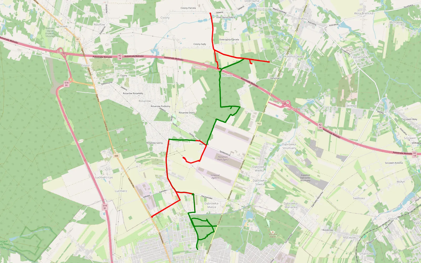 Map of Dąbrówka Wielka - 30.3 km offroad trail, Zgierz County