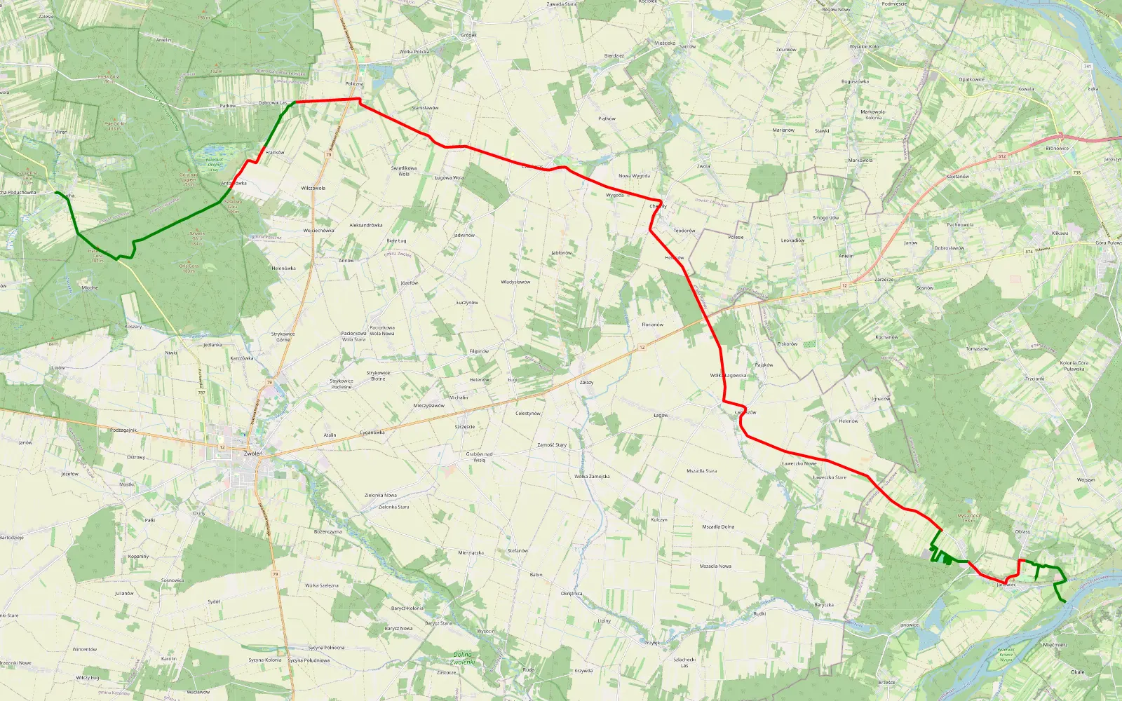 Mapa trasy Sucha - Męcmierz - 41.6 km trasy offroad, Powiat Zwoleński