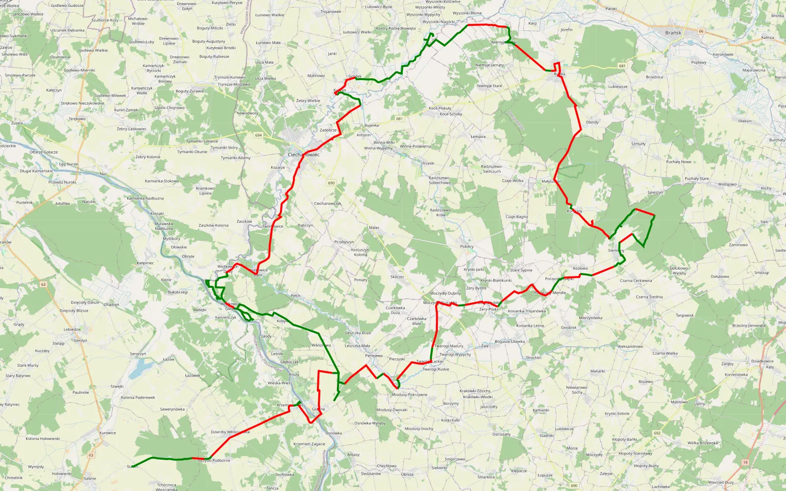 Mapa trasy Śladem wierzb 28 plus modyfikacje - 119.5 km trasy offroad, Powiat Siemiatycki