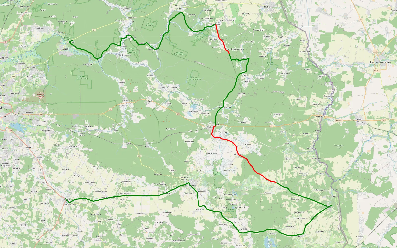 Mapa trasy Supraśl - Wierszalin- Jałówka- Lody w Zabłudowie - 73.9 km trasy offroad, Powiat Białostocki