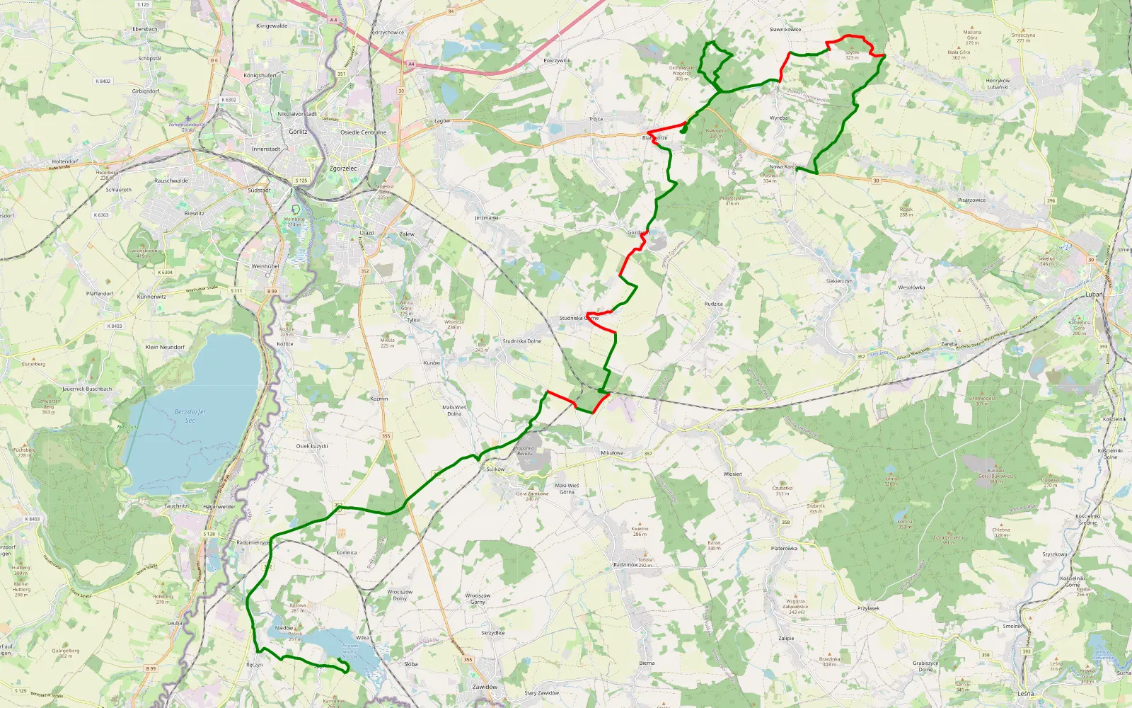 Mapa trasy Nowa Karczma - Spytków Turystyczny przejazd z kilkoma kałużami - 30.8 km trasy offroad, Powiat Zgorzelecki