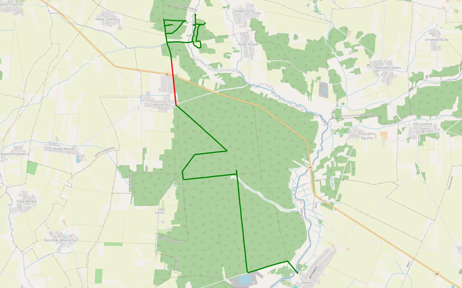 Map of Żochy - Mień - 14.4 km offroad trail, Wysokie Mazowieckie County