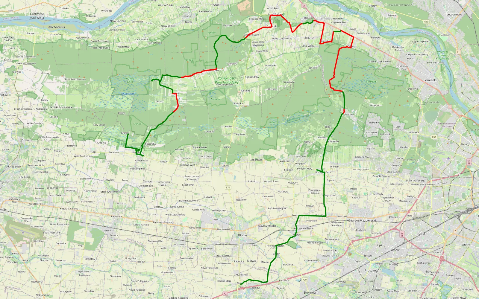 Mapa trasy Kampinos - Tłuste - 53.3 km trasy offroad, Powiat Nowodworski