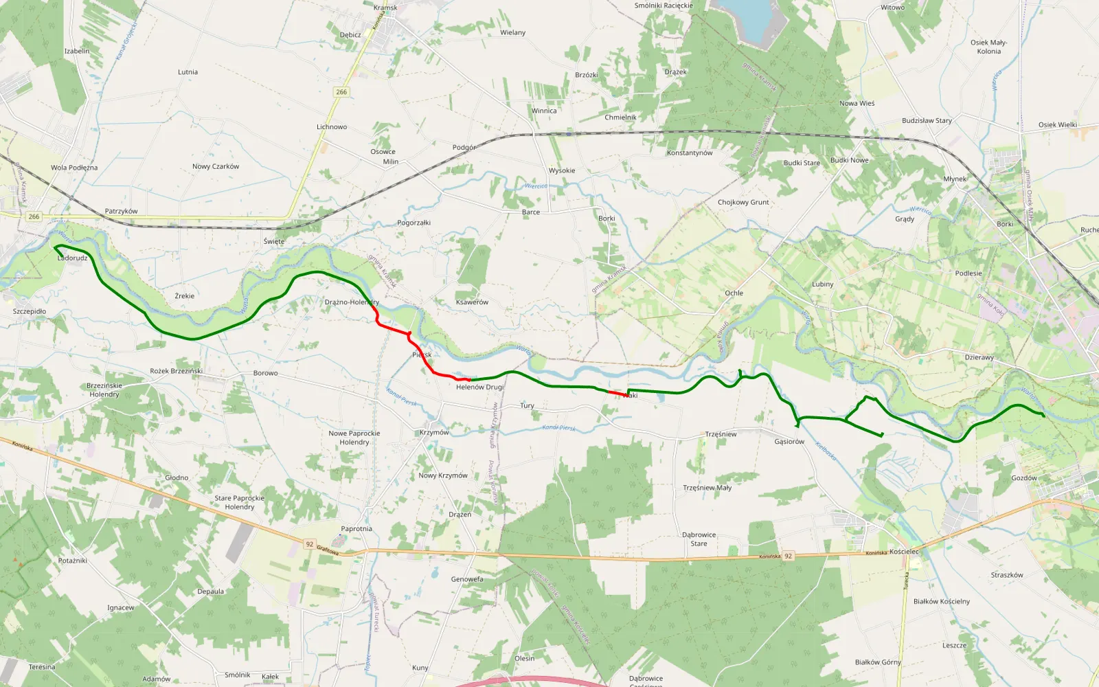 Mapa trasy Brzeźno - Koło (zamek) - 25 km trasy offroad, Powiat Kolski