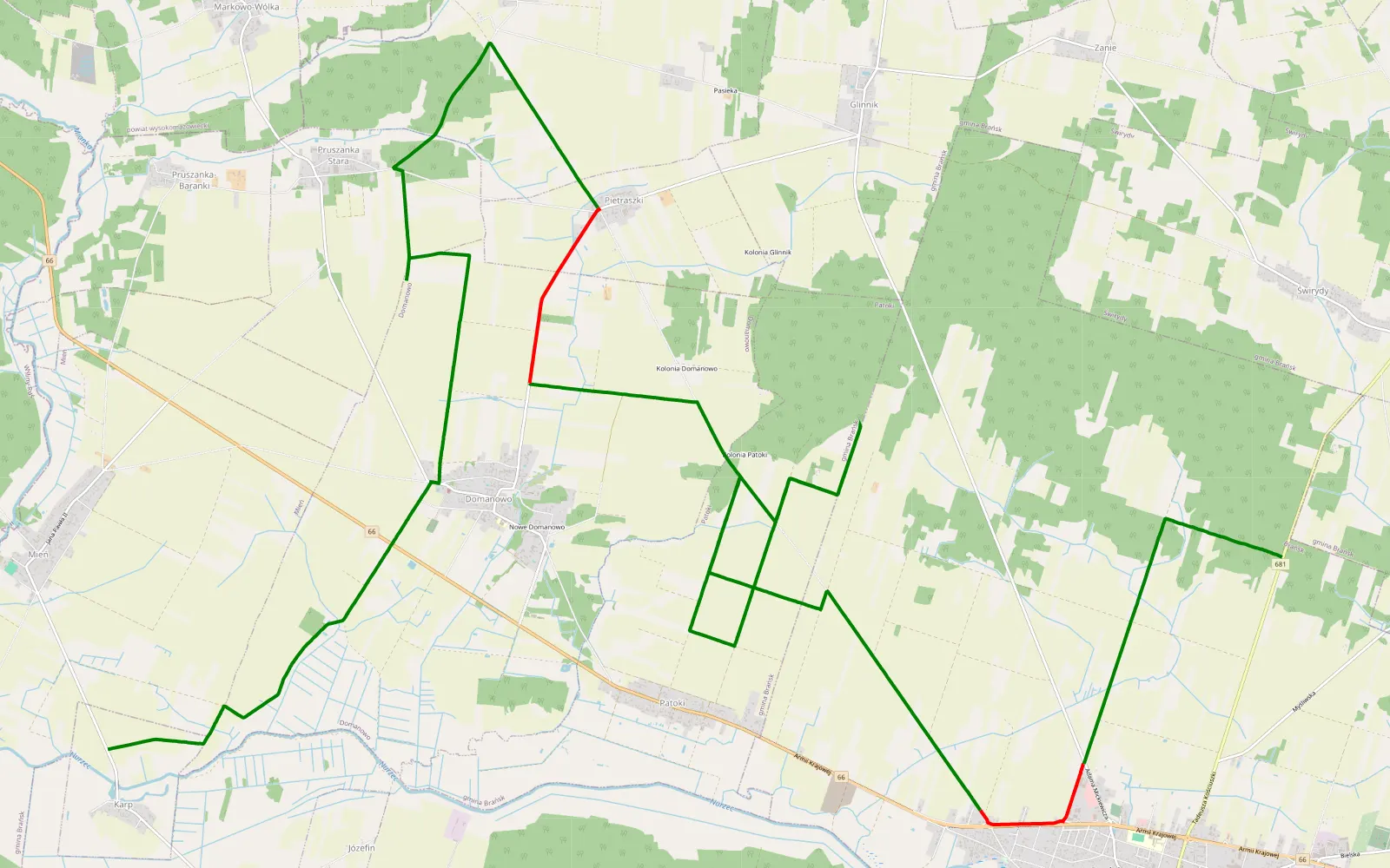 Mapa trasy Poletyły - Karp - 30.5 km trasy offroad, Powiat Bielski