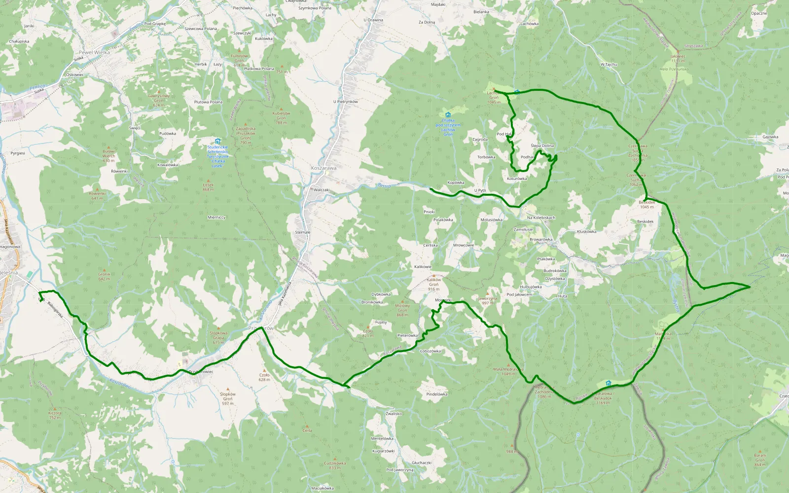 Mapa trasy Koszarawa - Jeleśnia - 14.5 km trasy offroad, Powiat Żywiecki