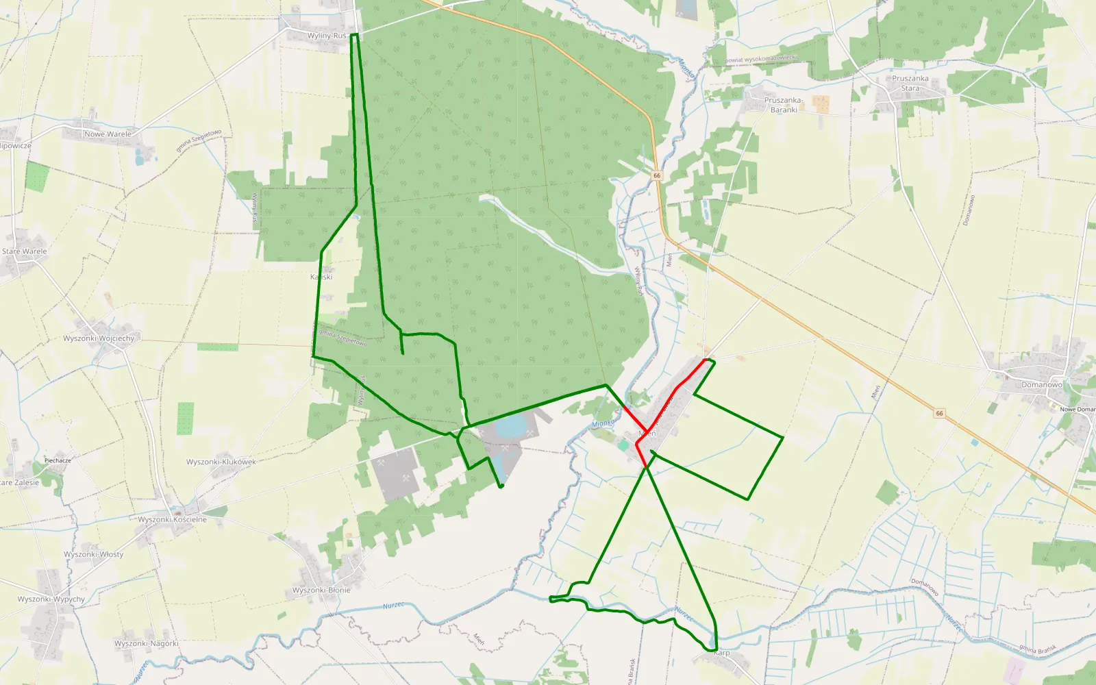 Mapa trasy Mień - 24.2 km trasy offroad, Powiat Wysokomazowiecki