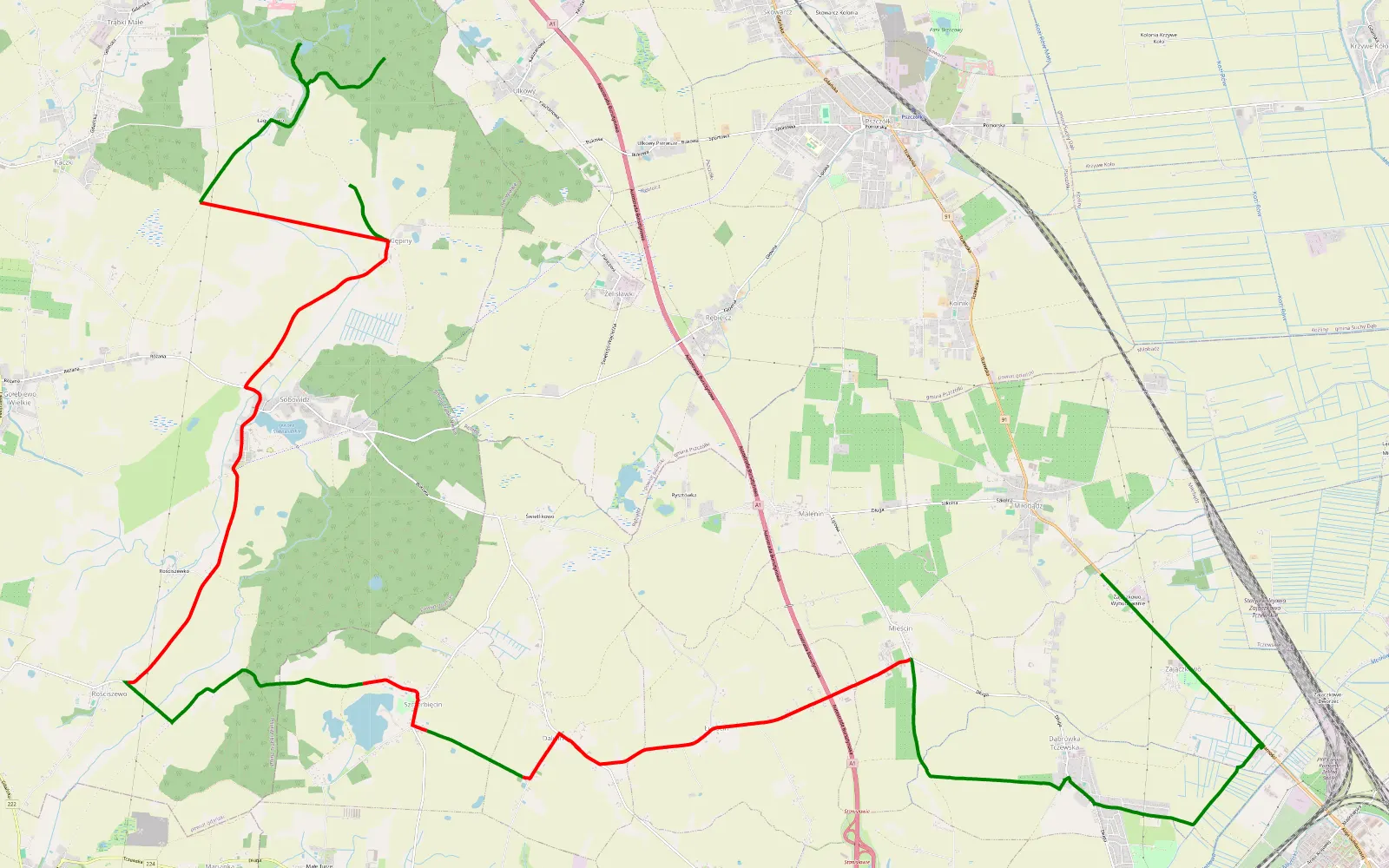 Mapa trasy Miłobądź - Ulkowy - 27.5 km trasy offroad, Powiat Gdański