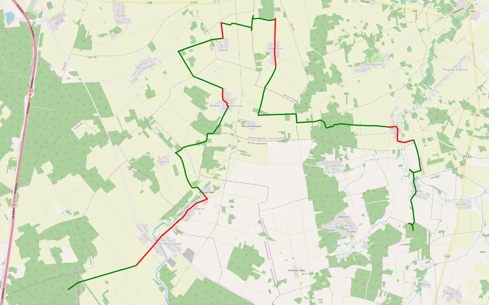 Map of Kossaki - Zalesie - 19.9 km offroad trail, Kolno County