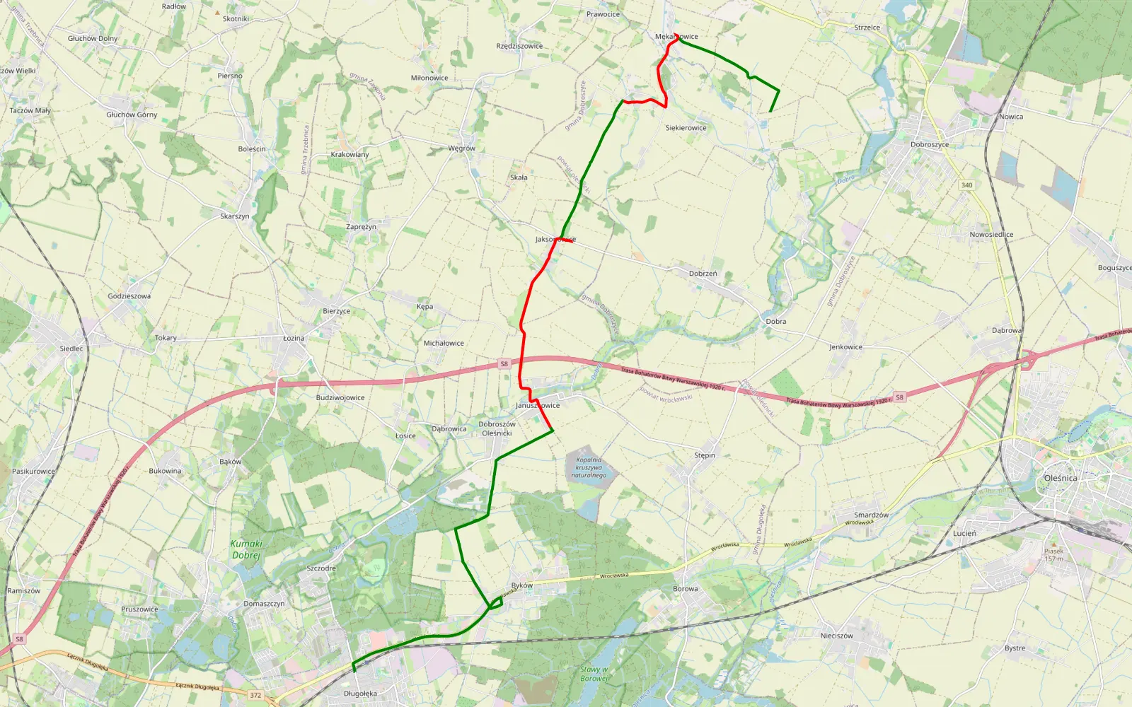 Map of Długołęka - Siekierowice - 16.8 km offroad trail, Wrocław County