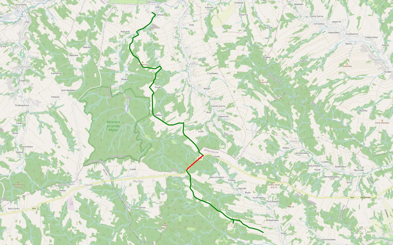 Mapa trasy Łubno - Futoma - 9 km trasy offroad, Powiat Rzeszowski