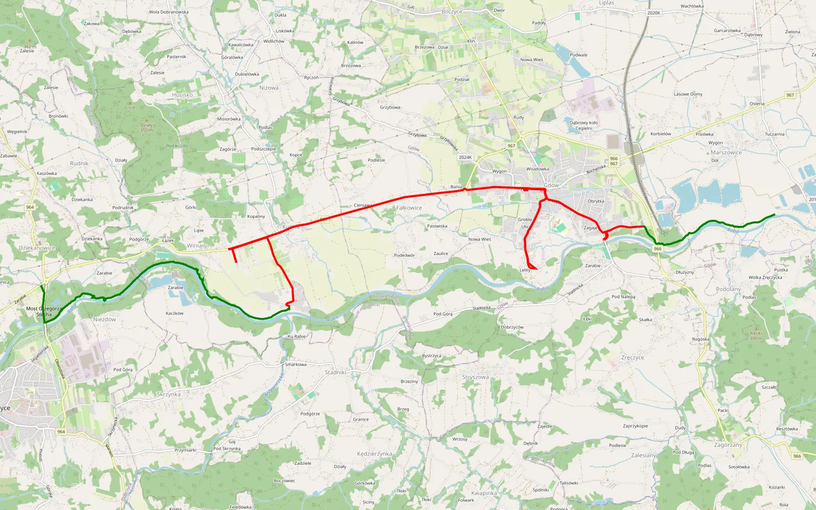 Mapa trasy Podolany - Dziekanowice Nice off road near Raba river. Passage some time hard with mud and many branch tree! - 18.7 km trasy offroad, Powiat Wielicki