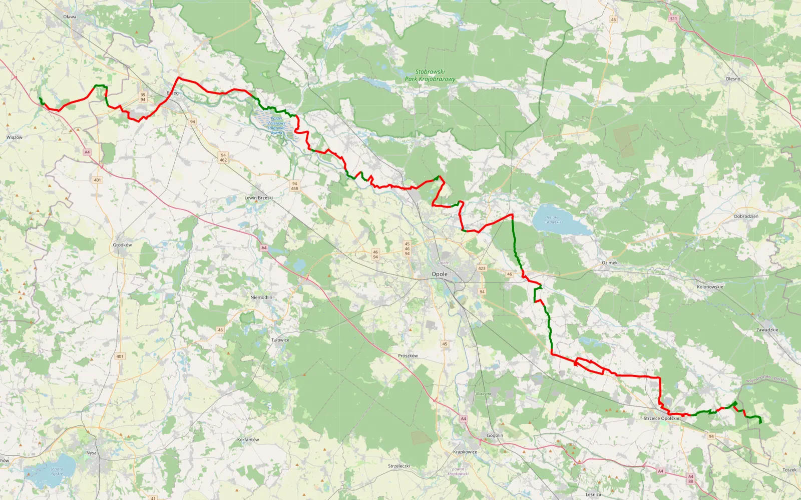 Mapa trasy Pologne J7 Kurowskie Chałupy - Dąbrówka - 156.8 km trasy offroad, Powiat Opolski