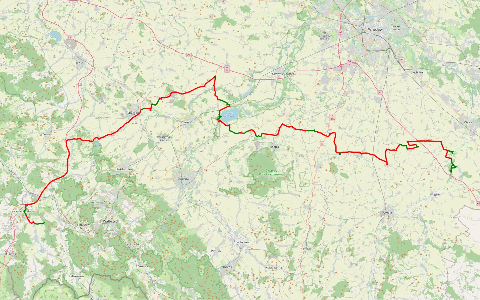 Map of Pologne J6 Borówno - Kurowskie Chałupy - 158.9 km offroad trail, Świdnica County