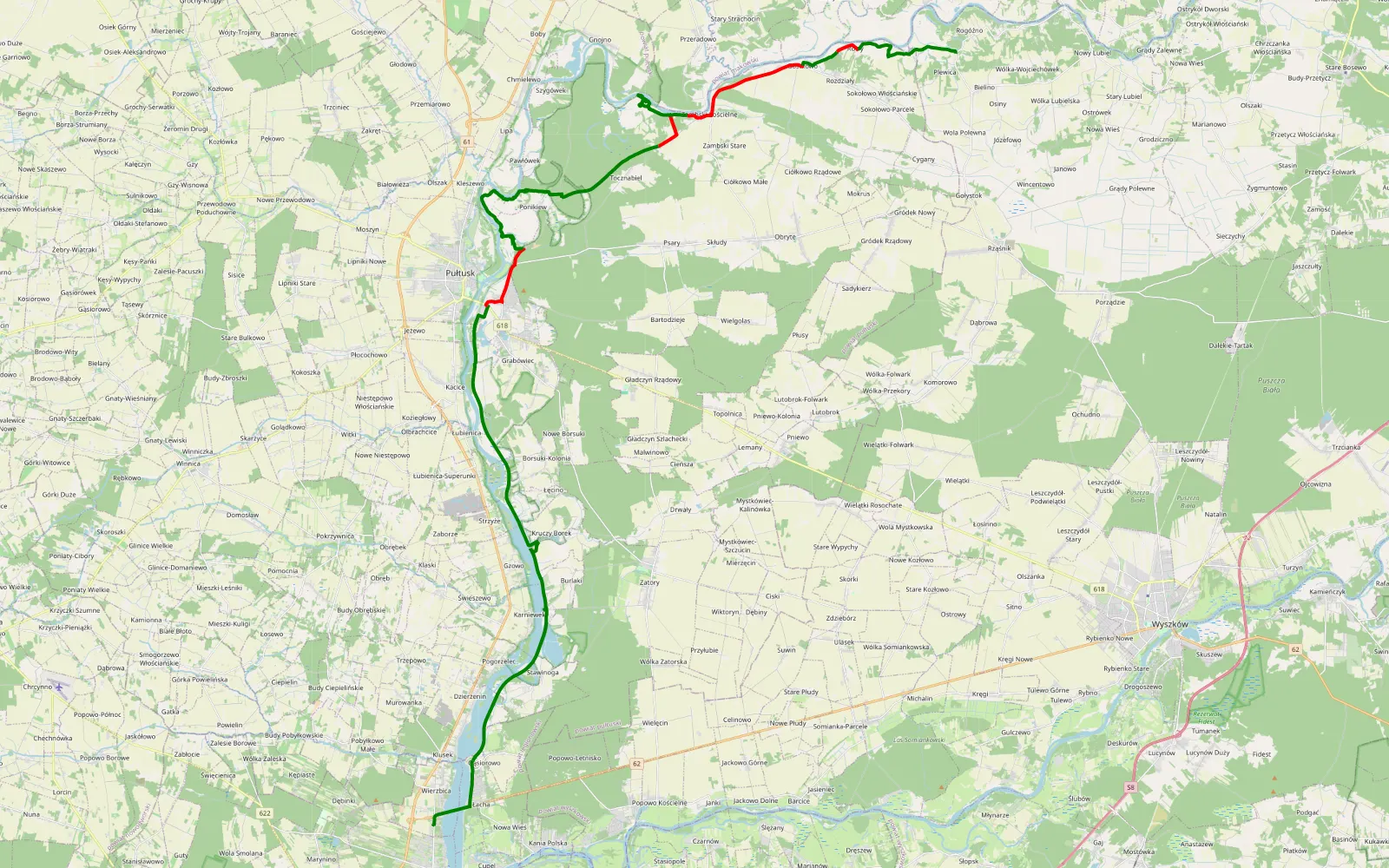 Mapa trasy Wierzbica - Plewica - 51 km trasy offroad, Powiat Pułtuski