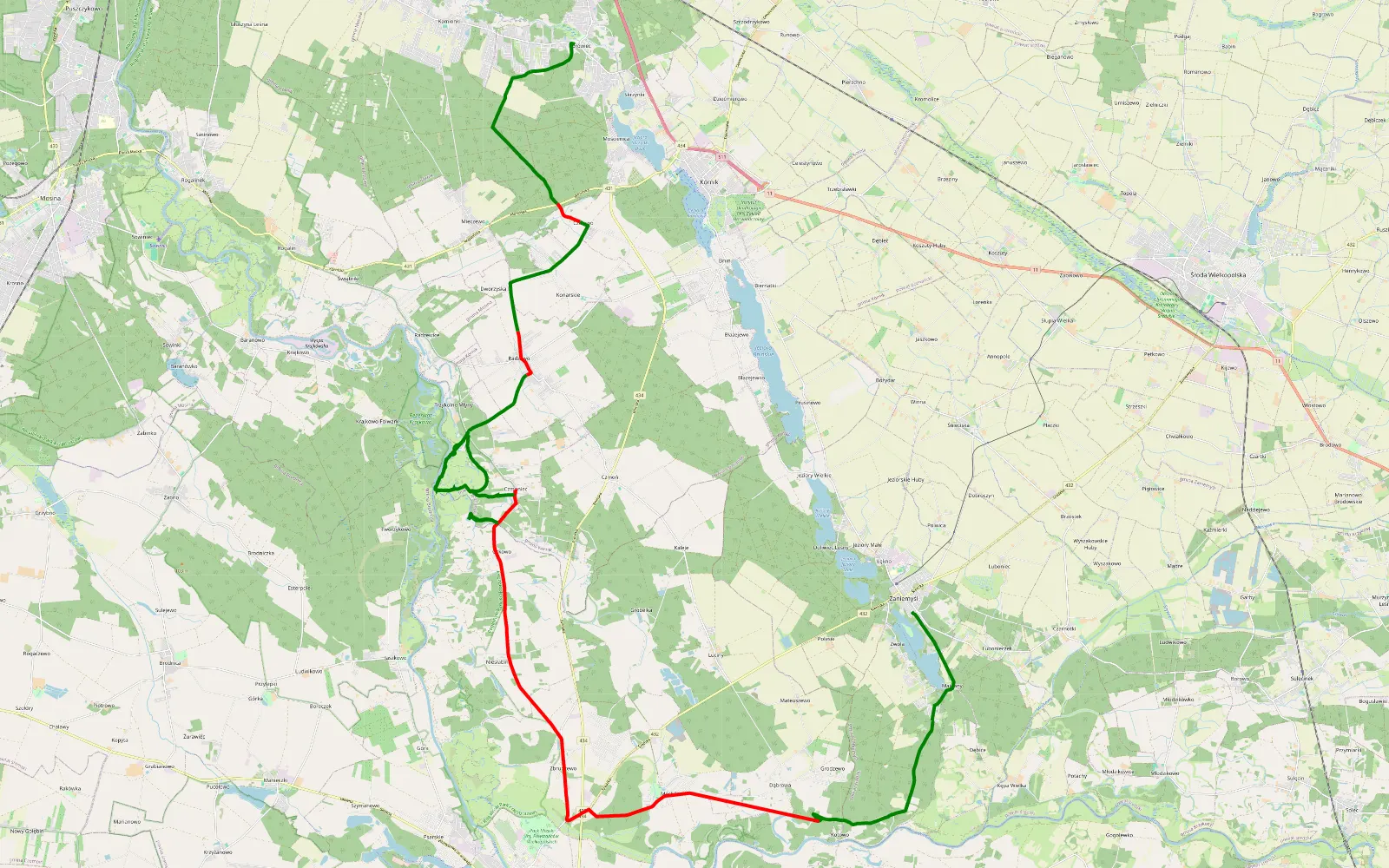Map of Zaniemyśl - Zwola - 44.3 km offroad trail, Poznań County