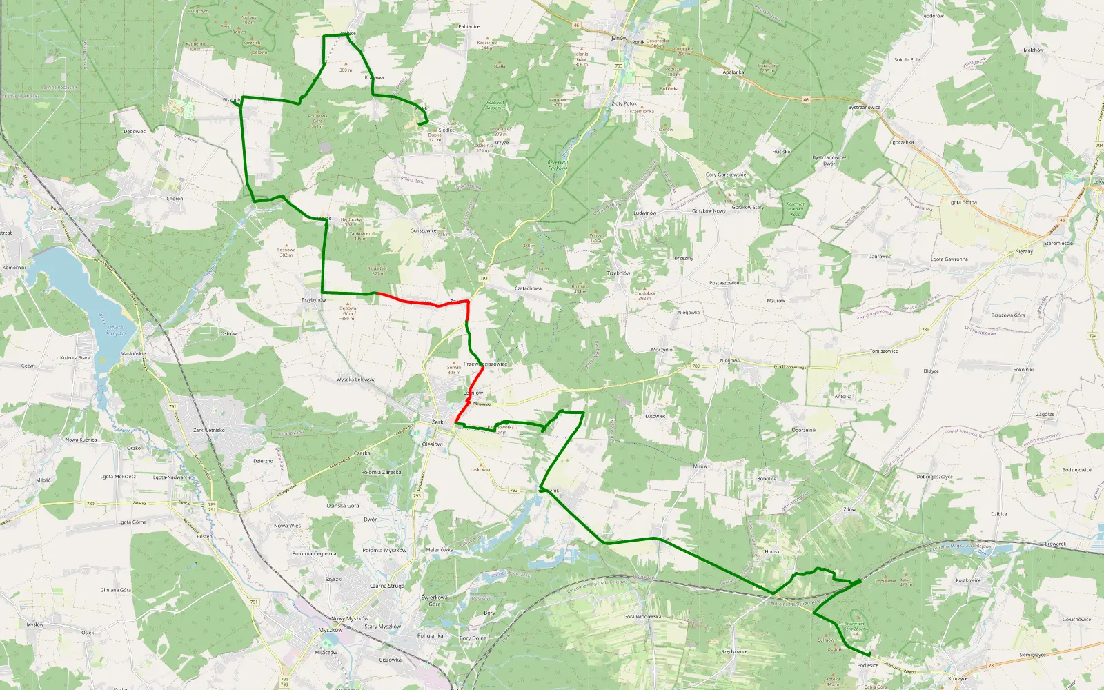 Map of Podlesice - Żarki - 15.7 km offroad trail, Myszków County