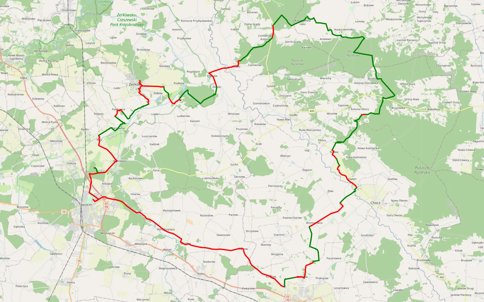 Mapa trasy Koszelewska Łąka - Jarocin - Koszelewska Łąka - 108.3 km trasy offroad, Powiat Jarociński