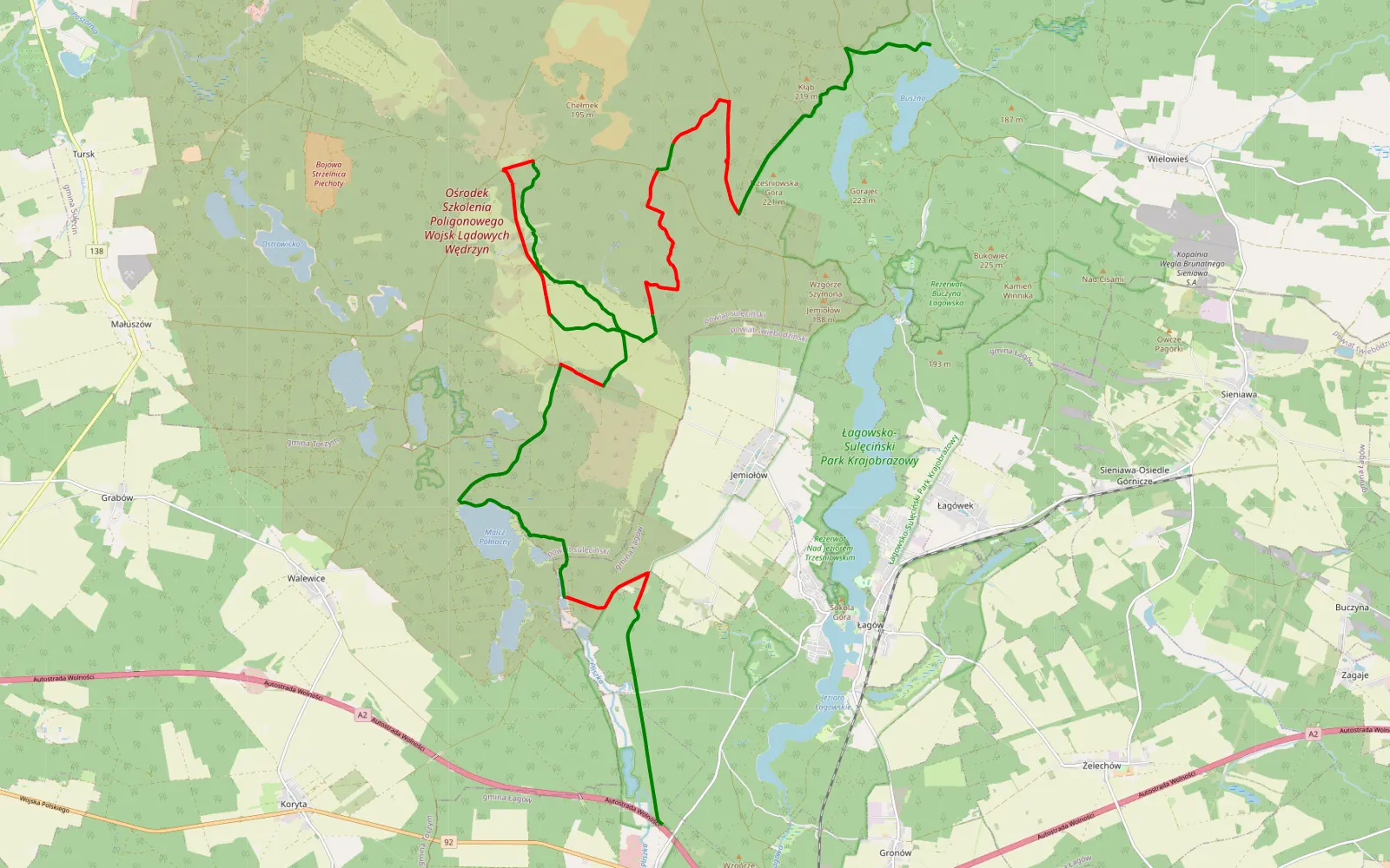 Mapa trasy Bechy - Pożrzadło - 30.2 km trasy offroad, Powiat Sulęciński