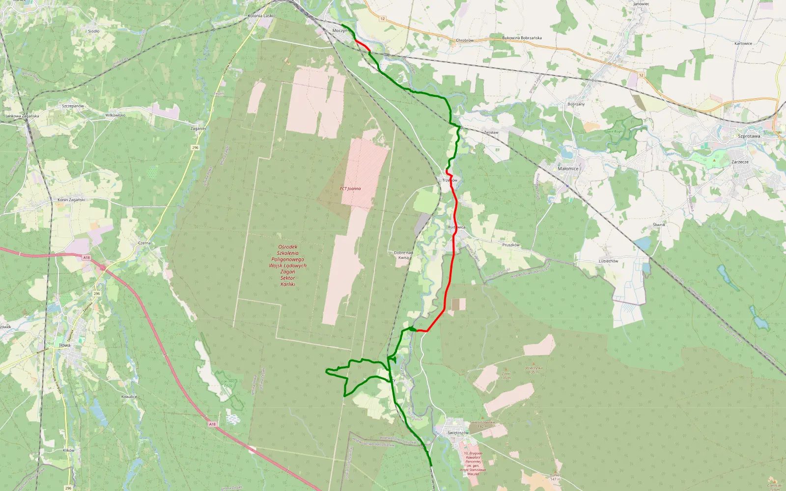 Mapa trasy Machnów - Świętoszów - 23.6 km trasy offroad, Powiat Żagański