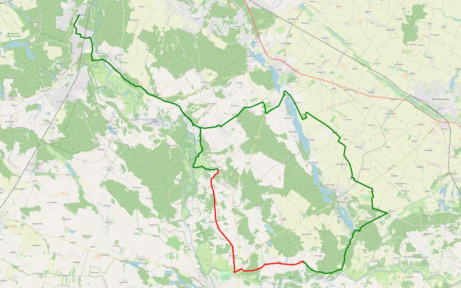 Map of Puszczykowo - Radzewice - 25.4 km offroad trail, Śrem County