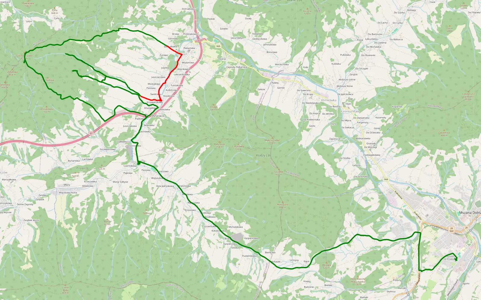 Mapa trasy Tenczyn - Przełęcz Glisne - Mszana Dolna - 19.2 km trasy offroad, Powiat Myślenicki