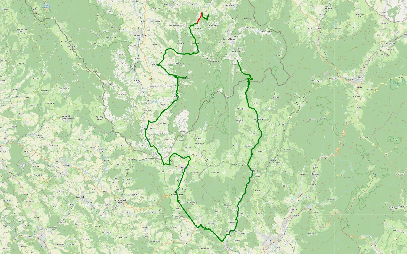 Mapa trasy Skowronki - Kladské sedlo - Bolesławów - 12.5 km trasy offroad, Powiat Kłodzki
